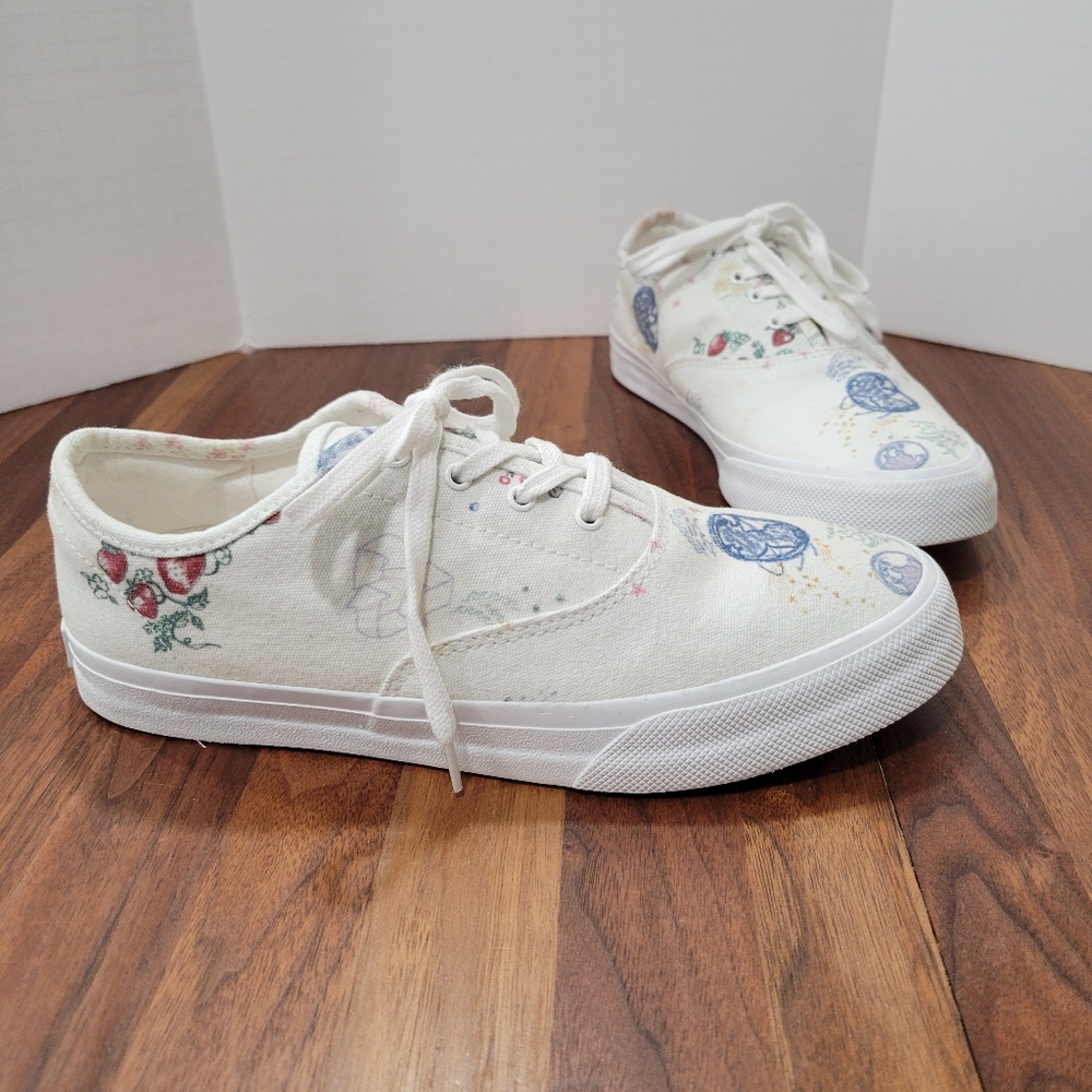 Reformation Cream Canvas Floral Print Sneakers with Blue & Red Accents